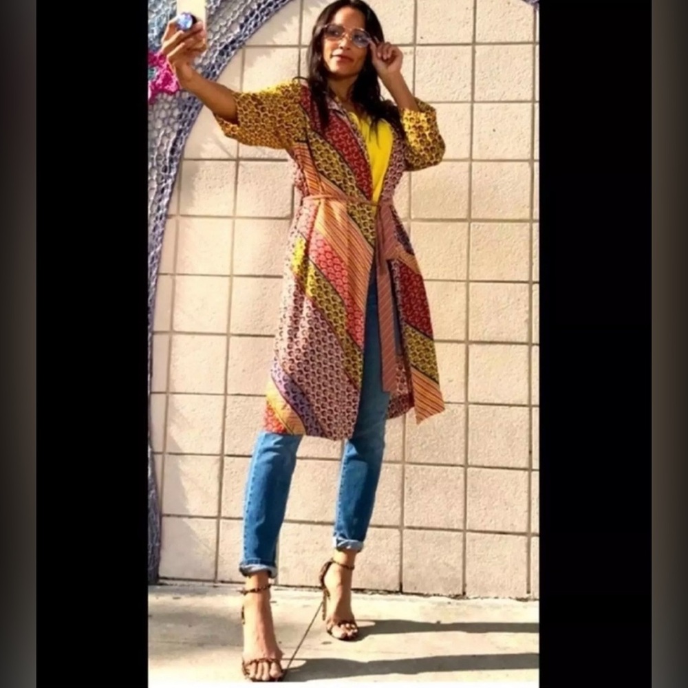 CAbi Poet Jacket #5664 Pockets belt Tie boho Mixed Media Patchwork Robe